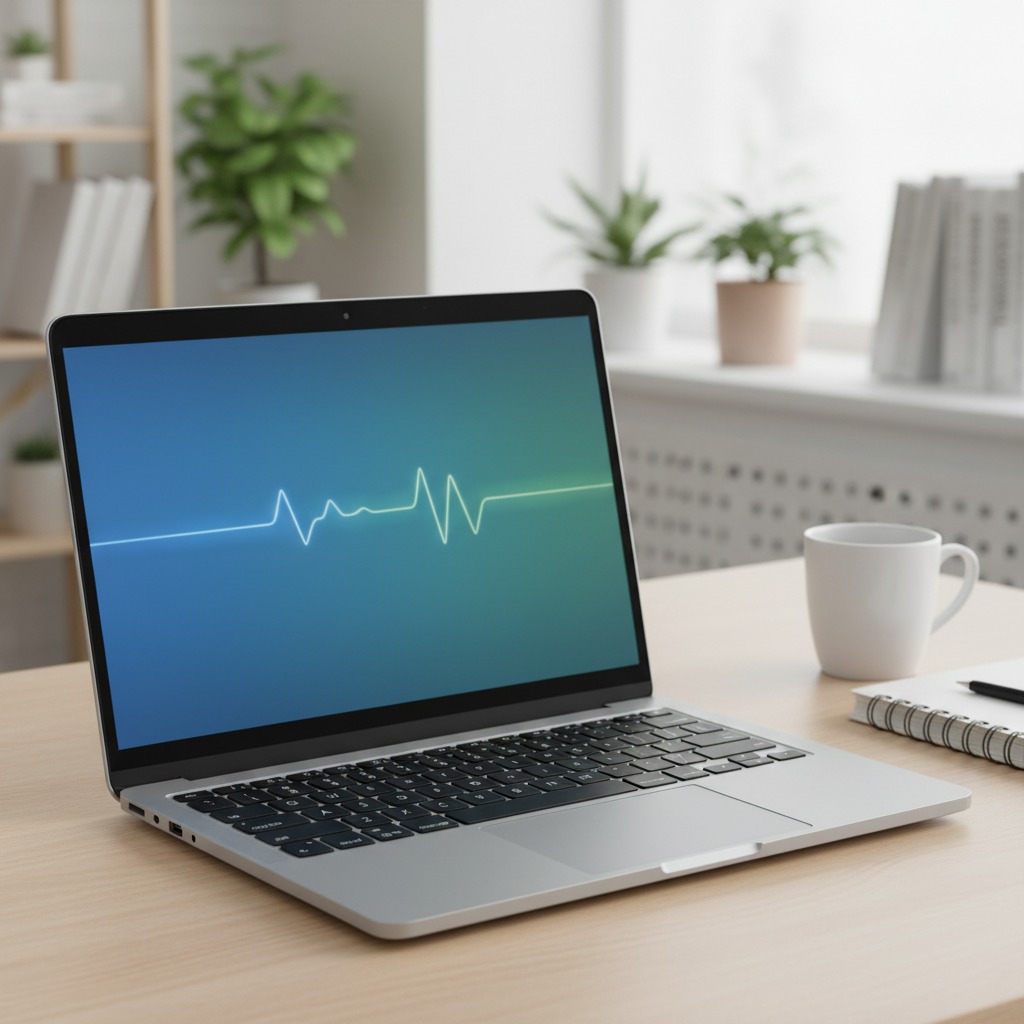 A laptop with a heartbeat monitor graphic on the screen sits on a wooden desk next to a coffee mug and a notebook.