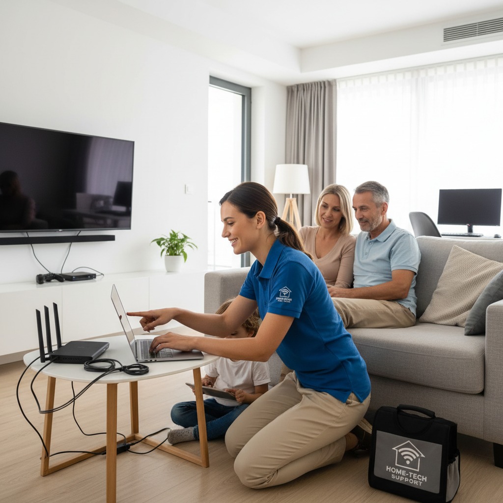 A technician in a blue uniform kneels on the floor to set up a router for a family sitting on a sofa in their living room.
